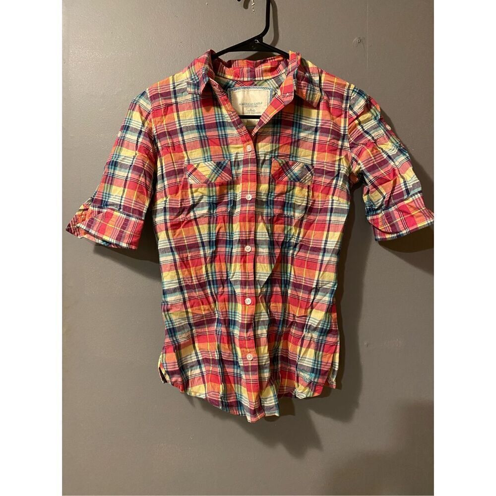 American Eagle Plaid Button Up Polo Short Sleeve Or 3/4 Sleeve Top Size 0